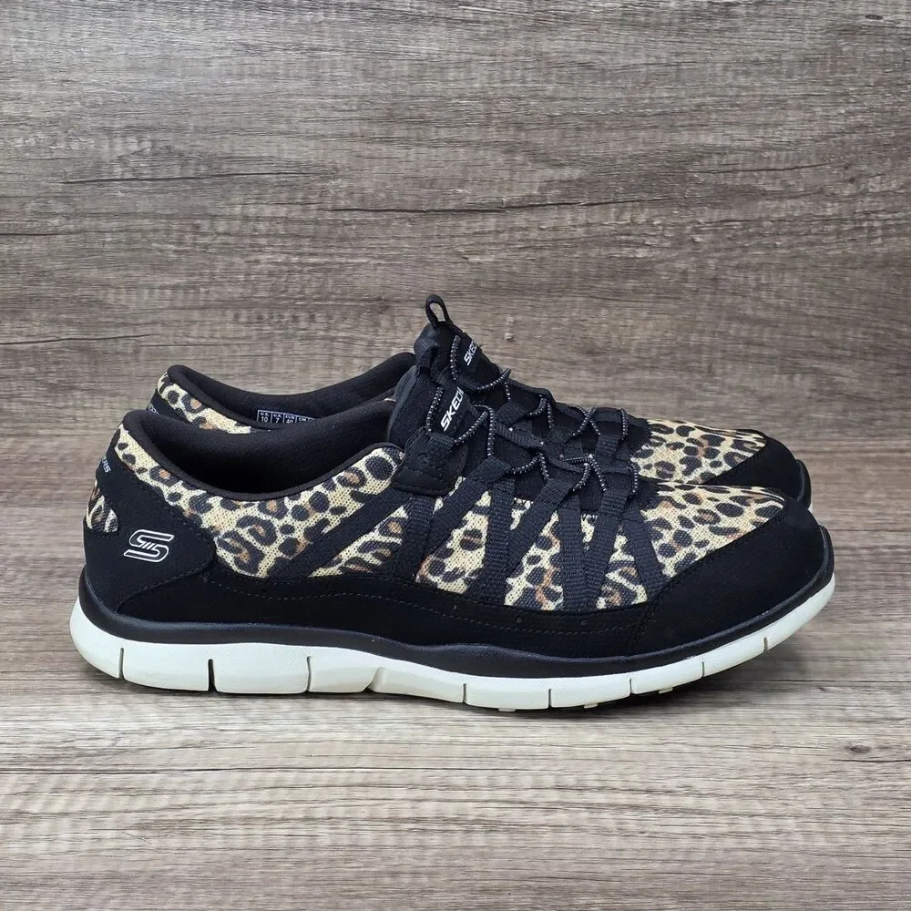 Skechers Gratis Wild Vibes Women's Sz 10 Black Brown Leopard Print Slip On Shoes